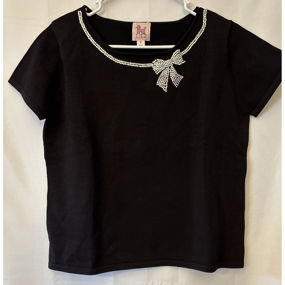 Pink Poodle Black Sweater Pearl Bow Embellished Short Sleeve Size L Hong Kong‎